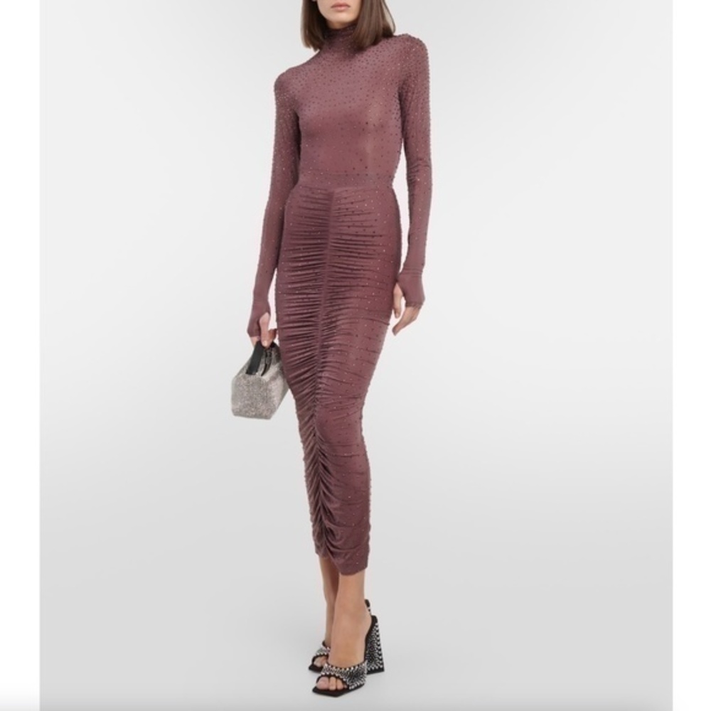 Alex Perry Crystal-Embellished Ruched Jersey Midi Skirt in Taupe Rose Size 10